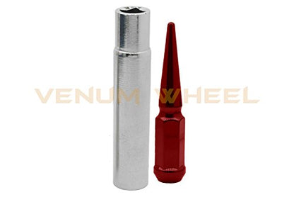 12 Pc 12x1.5 Red Tall 4.5" Solid Spike Lug Nuts with Locking Socket Key | Heavy Duty One Piece Concstruction Solid