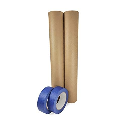 IDL Packaging Masking Paper Set: 18" x 60 Yards Brown Masking Paper (2 Rolls) + 1.41" x 60 Yards Blue Painter’s Tape (2 Rolls) - Masking Kit for Painting and Home Improvements - Surface Protection - color: 18"x180', Brown, size: 2 Rolls + Tool