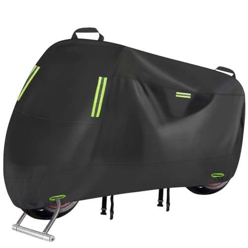KALINCO Motorcycle Cover, 600D Waterproof Outdoor Motorcycle Cover, All Weather Rain Sun Snow Protection with Lock-Holes Motorcycle Tarp with Night Reflective Strips ＆ Storage Bag - size: XXXL