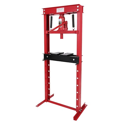 GarveeTech 12T Hydraulic Shop Press, H-Frame Heavy Duty Garage Floor Shop Press Tool with Plates, Adjustable Working Table Height to Bend, Straighten, Or Press Parts, Red