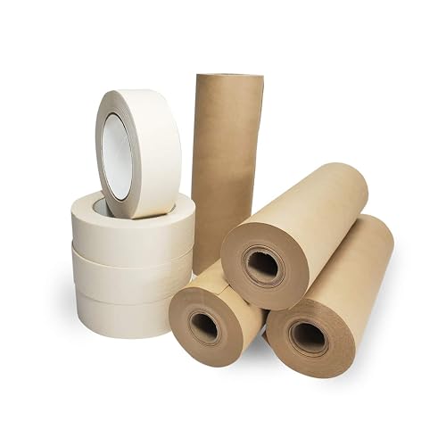 IDL Packaging Masking Paper and Tape Set - 9" x 60 Yards Brown Masking Paper (4 Rolls) and 1.41" x 60 Yards White Tape (4 Rolls) - Masking Kit for Painting Projects - Surface Protection - size: 9" X 60 Yards, style: SET White, Pack of 4