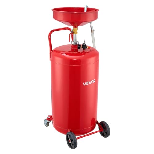 VEVOR 25 Gallon Waste Oil Drain Tank, Air Operated Portable Oil Drainer with Adjustable Funnel Height, Industrial Fluid Drain Tank with Wheels, Fluid Fuel Transfer Drainage for Auto Repair Shops, Red - size: 20.9 x 17.1 x 68.1 in