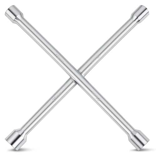 Heavy Duty 4 Way Lug Wrench, Professional 14 Inch Cross Tire Iron Wrench, Universal Cross Wheel Lug Nut Removal Tool, Forged Heat-Treated Carbon Steel for Tire Changing and Auto Maintenance