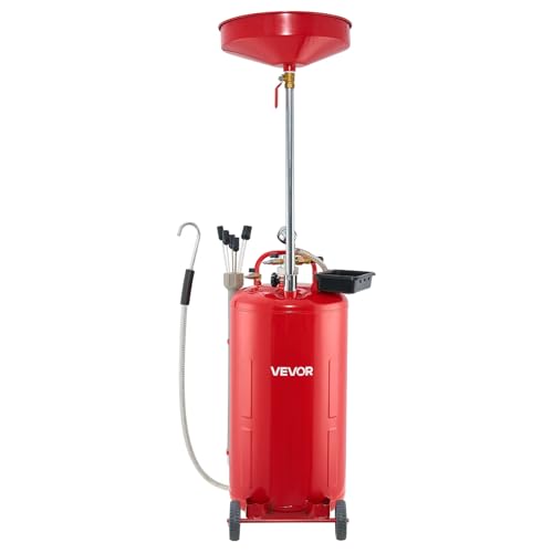 VEVOR 21 Gallon Waste Oil Drain Tank, Air Operated Portable Oil Drainer with Adjustable Funnel Height, Industrial Fluid Drain Tank with Wheels, Fluid Fuel Transfer Drainage for Auto Repair Shops, Red - size: 20.1 x 20.1 x 66.1 in