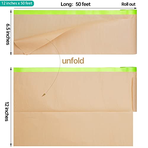 Tangibay Pre-Taped Masking Paper for Painting - 12 inch x 50 feet Tape and Drape Painters Paper, Paint Adhesive Protective Paper Roll for Covering Skirting, Frames, Cars and Auto Body (12 Rolls) - size: 12 Rolls: 12"