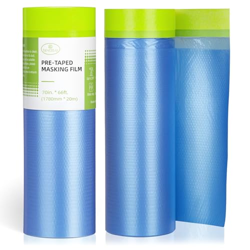 Tangibay Pre-Taped Masking Film for Painting - 70" x 66' Painters Plastic Sheeting for House & Automotive Paint, Tape and Drape for Covering Cars, Walls, Windows and Furniture Protection (2 Rolls) - size: 2 Rolls: 70"x66'