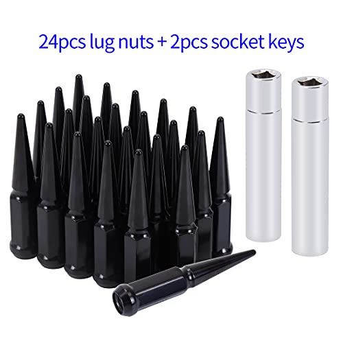 M14x1.5 Spike Lug Nuts - Black Set of 24 with 2 Socket Keys (19mm Hex, 4.4" Tall)