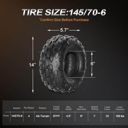 TUFFIOM 145/70-6 ATV UTV Tires for All-Terrain, 4PR Mini Bike Tires with Good Longitudinal Traction and Reversing Performance on Mud, Sand and Rocks, Tubeless, Set of 2 - size: 145/70-6 4PR (2pack)