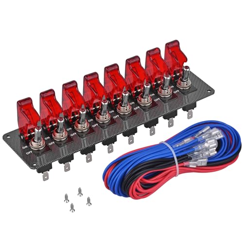 8 LED Racing Car Toggle Switch Panel 12V DC, Carbon Fiber Coated Aluminum Plate, Safety Cover Protection, Suitable for car, Truck, Ship Modification (8 Red Switches) - color: Red