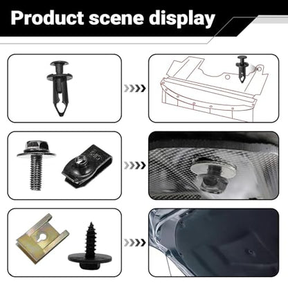 100 PCS Car Body Screws and Bolts, Splash Shield Retainer U-Nuts Kit, Bumper Fender Screws Bolts Set, Universal Engine Chassis Nut/Body Clamp, for Most Cars (Black)