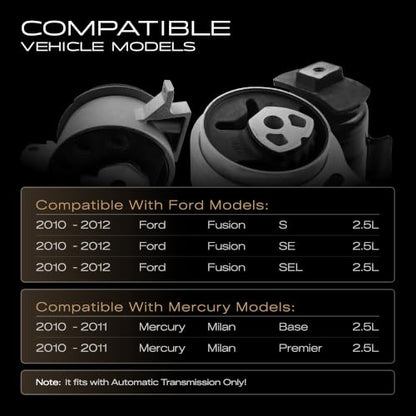 3PCS Engine Motor & Transmission Mount Set Compatible with Ford Fusion 2.5L 2010-2012 / Mercury Milan 2.5L 2010-2011 with Automatic Transmission Mount for A4431 A5556 A5740 3285 3216 3366 - size: 2010-2012 Fusion 2.5L