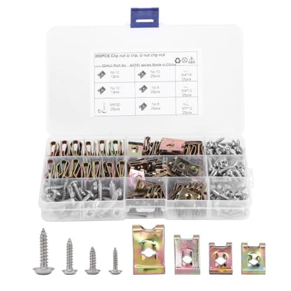 200PCS Car U Clip and Screw Assortment Kit, 6/8/10/12 Automotive Clips, Stainless Steel Automotive Screws and Clips, Auto Interior Trim Fasteners U Nut and Screw Clip