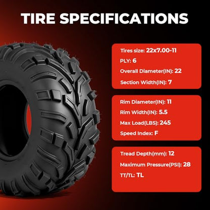 ATV UTV Tires 22x7-11,6-Ply Tubeless Tires,Directional,Set of 2 - size: 22x7-11
