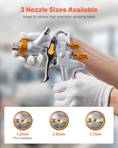 VEVOR HVLP Air Spray Gun, Gravity Feed Paint Sprayer Gun with 3 Nozzles (1.3/1.4/1.7mm), 600ml Capacity Auto Paint Sprayer with Air Regulator for Automotive Primers, Clear Coats & Topcoats - size: HVLP -1.3/1.4/1.7mm