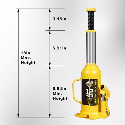 YELLOW JACKET 12 Ton Muti-Directional Welded Bottle Jack (24,000lb), Horizontal Bottle Jacks Use for Car, Pickup, Truck, RV, Auto Repair, Hydraulic Bottle Jack, Yellow - size: 12 ton muti-directional