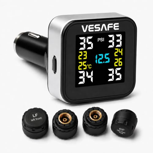 Wireless Tire Pressure Monitoring System, Universal TPMS with Full-Color Real-Time Display, 5 Alarm Modes, 4 Waterproof Tire Pressure Sensors, 2-Year Battery Life, 0-6Bar/ 0-87PSI - size: square display