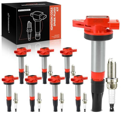 A-Premium Ignition Coil Pack and Iridium Spark Plugs Compatible with Jaguar - color: Red