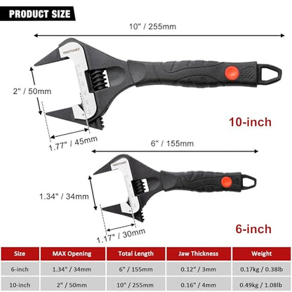 MAXPOWER Slim Adjustable Wrench Set, 6" & 10" Wide Jaw Opening, Dual Scale With Metric and SAE Plumbing Wrenches, Deep Jaw With Soft Grip Handle - size: 6" 10"