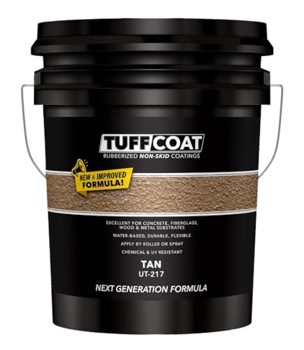 Tuff Coat Medium Texture Rubberized Non-Skid Deck Coating – Textured Non-Slip Safety Surface for Pool Decks, Docks, Boat Ramps, Patios, Walkways & High-Traffic Areas (UT-217 Tan 5-gallon) - color: Tan, size: 640 Fl Oz (Pack of 1)