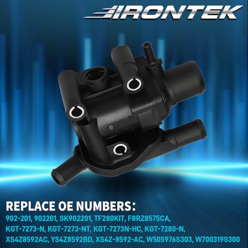 IRONTEK 902-201 Engine Coolant Thermostat w/Water Outlet Housing Assembly Fit for 2001-2004 for Ford Escape, 2000-2004 for Ford Focus, 2001-2004 for Mazda Tribute, SK902201 F8RZ8575CA - size: 902-201