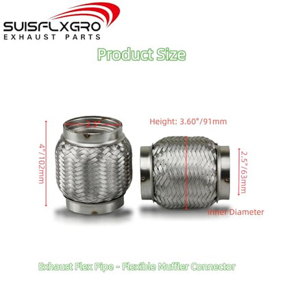 Exhaust Flex Pipe (Interlock Lining OEM-Grade) 100% Stainless Steel SS304 For Heavy Duty and Cars (1 PC, 2.5X4) - size: 2.5X4