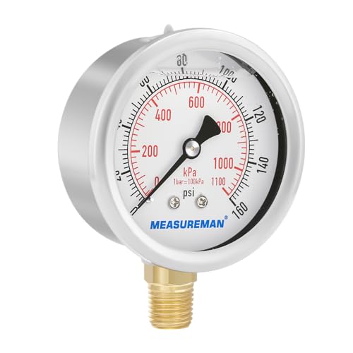 MEASUREMAN 2-1/2inch Dial Size, Oil Filled Pressure Gauge, 0-160psi/kpa, 304 Stainless Steel Case, 1/4inchNPT Lower Mount - size: 0-160 psi, style: Lower Mount