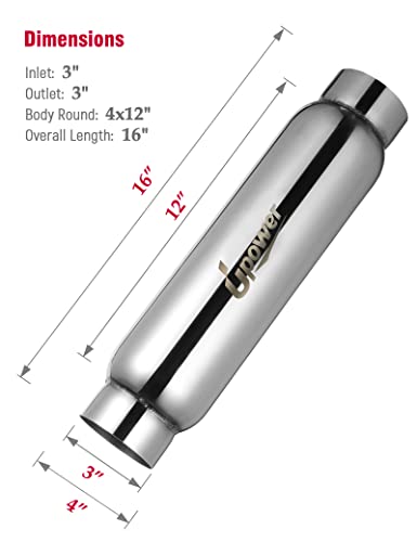 UPOWER 3" Inlet&Outlet Exhaust Resonator,16" Overall Length Center Straight Through Stainless Steel Muffler,Polished - size: 3" Inlet 16" Overall Length