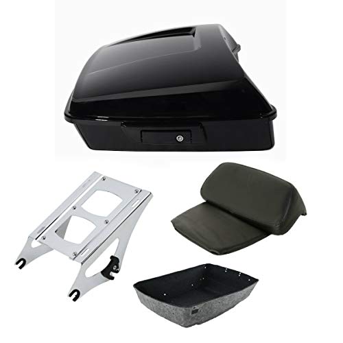 TCT-MOTORPARTS Vivid Black Chopped Tour Luggage Trunk w/Back Latches Hardware Mount Bracket & Backrest Fit for Harley 2014-2025 Touring Road Glide Road King Street Glide Ultra Limited - color: Gloss Black Chopped Trunk+Chrome Rack