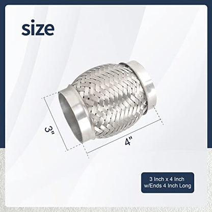 2PCS Exhaust Flex Pipe Stainless Steel Double Braid Long Heavy Duty 3''Inch x 4''Inch w/Ends 4'' inch Long - size: 3"x4"x4"