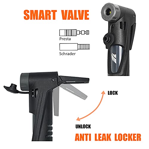 BV Mini Bike Pump Portable Frame Pump, Shock Pump for Bike Shock, Air Ball Pump Inflator with Ball Pump Needles, Mini Pump Fits Presta & Schrader- Smart Valve