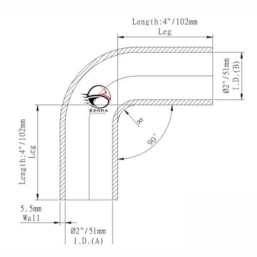 2 Inch / 51mm 90 Degree Silicone Elbow Hose – Extended Leg Design, True 102mm Length, 5.5mm Thickness – High Temp 4-Ply Black Coupler for Turbo, Intake, Radiator Pipe - size: 2 Inch / 51mm