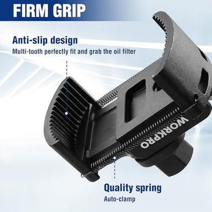 WORKPRO Universal Oil Filter Wrench (2-3/8 to 3-1/8") Adjustable with Auto-Clamp Spring, Oil Filter Removal Tool, Oil Filter Change Set, Ideal for Engine Filters, Conduit, & Fittings