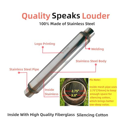 Exhaust Resonator Muffler, 3.0”I.D.X 22” LONG, Material: 100% Stainless Steel 201 (3.0X22”)