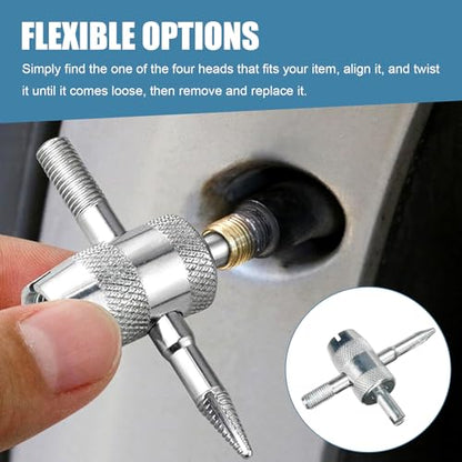 4-Way Valve Core Tool Tire Valve Tools, 4-in-1 Tire Valve Core Removal Tool, Multifunctional Auto Tire Stem Core Remover Installer, Universal for Car Motorcycle Bicycle
