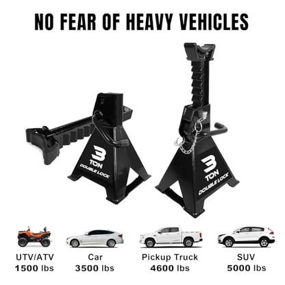 Torin AT43005AB Steel Heavy Duty Jack Stands: Double Locking Pins, 3 Ton (6,000 lb) Capacity, Black, 1 Pair (2 Pack) - size: 3 TON, style: Wide Base