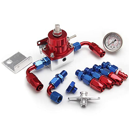 Aluminum Adjustable Universal EFI Fuel Pressure Regulator Kit 30-70psi with Gauge 6AN Fuel Line Hose Fitting Connectors Kit Blue&Red HTRACING - color: Blue&Red