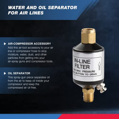NEIKO 30253A Water and Oil Separator for Air Line | 1/4" NPT Inlet and Outlet | 150 PSI | Air Compressor and Air Tool Accessory | Protect Lifespan of Pneumatic Tools | Optimize Performance, Black - size: 150 PSI
