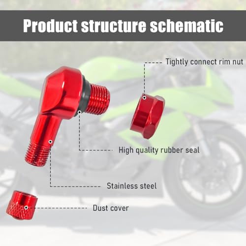 Yourkar 2 PCS Motorcycle Tire Valve Stems, 90 Degree Angle Aluminum Alloy Tire Tubeless Valve Stems with Rubber Ring, Red - color: Red