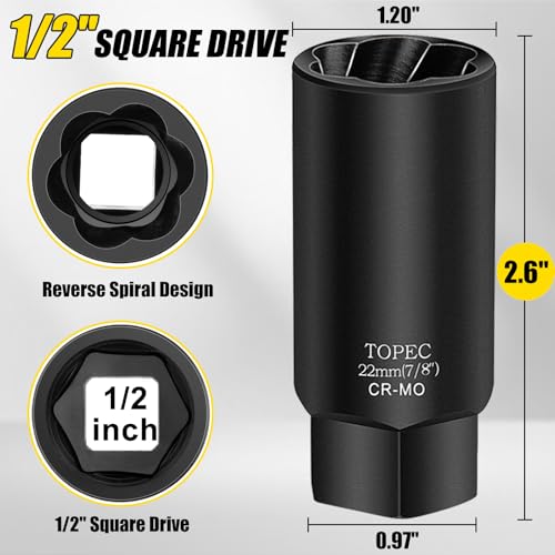 Topec 22MM Deep Lug Nut Extractor Socket - 1/2" Drive Stripped Bolt Nut Remover - size: 22mm