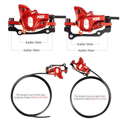 CNC MTB Hydraulic Disc Brake Set，Mountain Bike Hydraulic Disc Brakes Right Front 800mm Left Rear 1450mm Hydraulic Brake，Red - color: Red-Rear