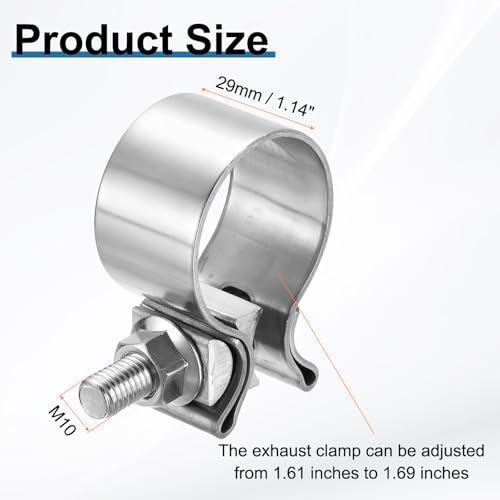 HARFINGTON 2pcs 410 Stainless Steel Exhaust Clamp 1.69" Butt Joint Narrow Band Muffler Seal Exhaust Narrow Lap Butt Clamps for Pipes Mufflers Converters System Repair, Silver - size: Range 43-50 mm, Band Width 29mm