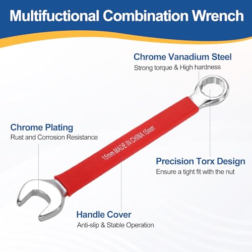 HARFINGTON 2Pcs Metric Combination Wrench 15mm 12-Point Box & Open End CR-V - size: 15mm