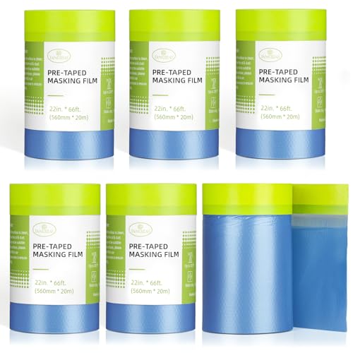 Tangibay Pre-Taped Masking Film for Painting - 22" x 66' Painters Plastic Sheeting with Automotive Paint Tape and Drape for Covering Cars, Walls, Windows and Furniture Protection (6 Rolls) - size: 6 Rolls: 22"
