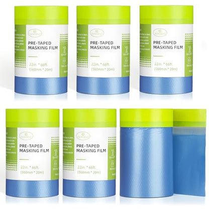 Tangibay Pre-Taped Masking Film for Painting - 22" x 66' Painters Plastic Sheeting with Automotive Paint Tape and Drape for Covering Cars, Walls, Windows and Furniture Protection (6 Rolls) - size: 6 Rolls: 22"