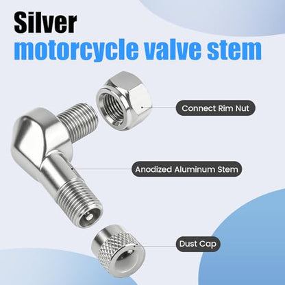 Silver Aluminum 90 Degree CNC Motorcycle Tire Valve Stems TV25AL for Aprilia, Ducati, KTM, Easy Installation, 0.357"/8.3mm+0.3mm Valve Hole Dia, Pack of 2