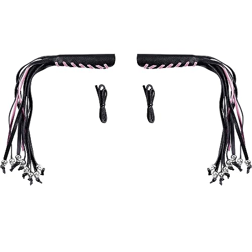 2PCS Faux Leather Motorcycle Lever Covers with Fringes, Motorcycle Brake Clutch Lever Covers Grip Tassels Motorcycle Handlebar Handle Grip Covers, Fringed Leather Lever Covers Wraps with Skulls - color: Black & Pink Laces*1 & Black Laces*1