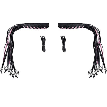 2PCS Faux Leather Motorcycle Lever Covers with Fringes, Motorcycle Brake Clutch Lever Covers Grip Tassels Motorcycle Handlebar Handle Grip Covers, Fringed Leather Lever Covers Wraps with Skulls - color: Black & Pink Laces*1 & Black Laces*1