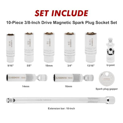 CASOMAN 10PCS 3/8"Drive Magnetic Spark Plug Socket Set, 6PT&12PT, Include Extension Bar, Universal Joint & Spark Plug Gapper, CR-V Steel - size: 10-Piece Set with Accessory