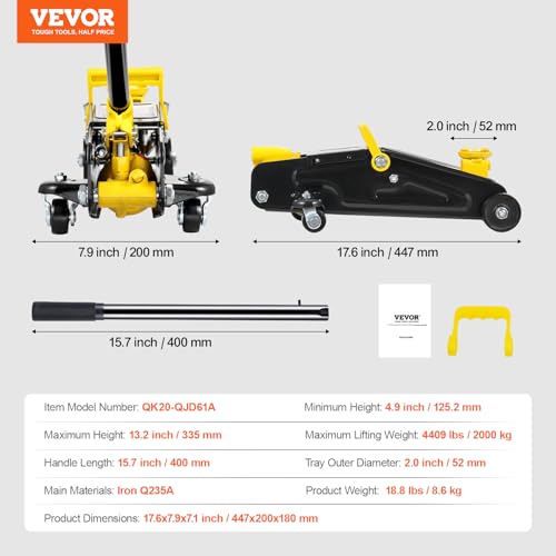 VEVOR Low Profile Floor Jack 2 Ton (4400 lbs), Heavy Duty Iron Hydraulic Racing Floor Jack, Hydraulic Car Jack, Single Piston Quick Lift Pump, 4.9"-13.2" Height Lifting Range (Yellow) - size: 2T