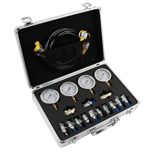 Hydraulic Pressure Gauge Test Kit 4 Gauges(10/25/40/60MPa) Tester Set with 3 Test Hoses & 13 Couplings Straight Connectors for Construction Machinery Excavator(Silver) - size: Silver 4 Gauges 13 Couplings